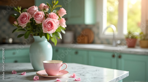 Pink roses in vase with teacup on kitchen countertop