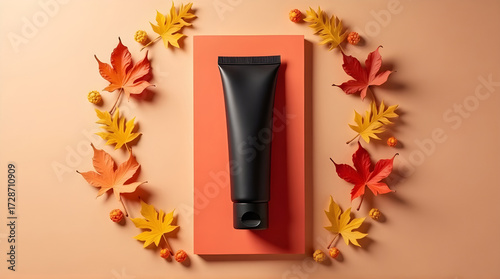 Black tube on orange stand with autumn leaves around it