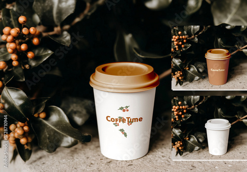 Takeaway paper coffee cup mockup with christmas background