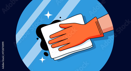 A cartoon hand wearing an orange rubber glove cleans a black stain from a shiny blue surface with a white cloth.