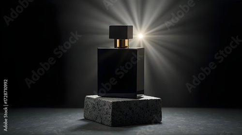 Black perfume bottle on stone block against dark background