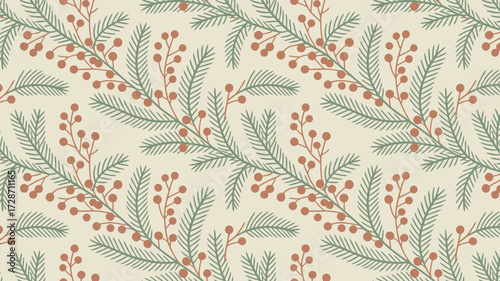 A seamless pattern featuring green pine branches and red berries on a cream colored background design art