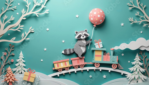 Paper cut, animal paper art for festive Christmas decoration holiday. A whimsical raccoon on a colorful train holds a balloon against a bright backdrop with trees and snowflakes.