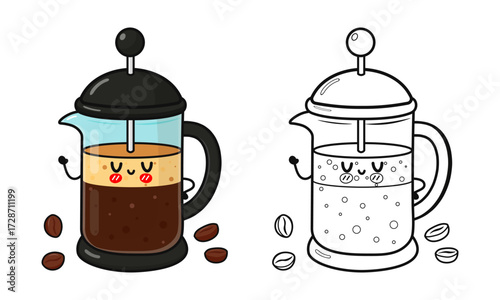 Cute French press coffee maker coloring page