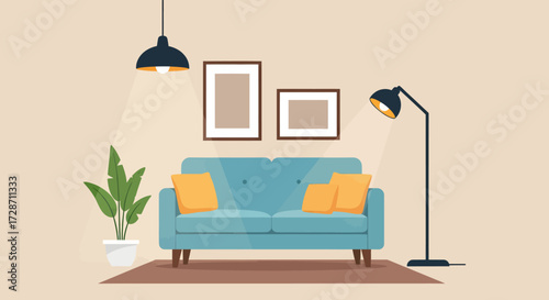 A cozy living room scene featuring a blue sofa with yellow cushions, framed artwork on the wall, and a floor lamp.