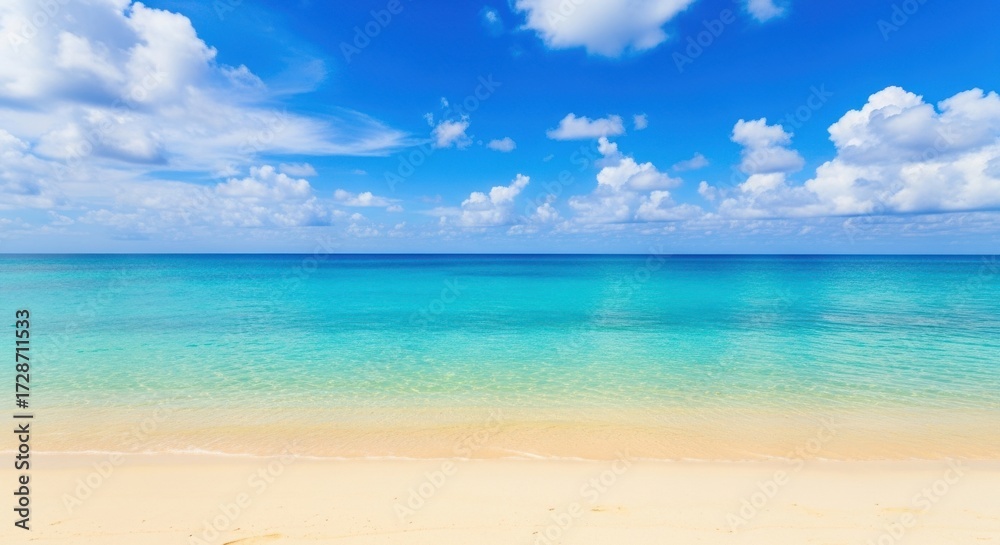 Naklejka premium Serene tropical beach scene with turquoise waters and fluffy white clouds under a blue sky