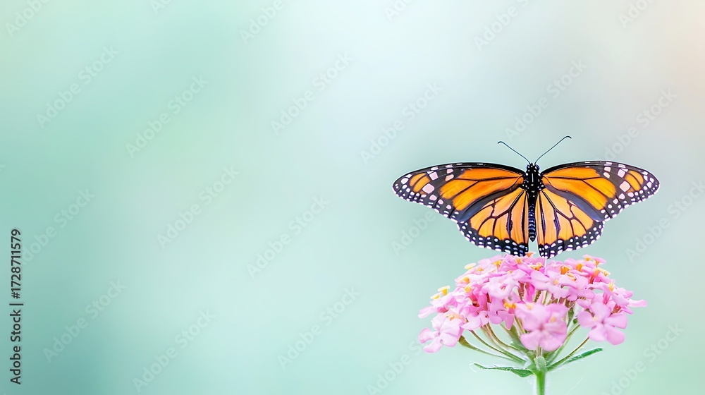 Fototapeta premium A monarch butterfly rests on a delicate pink flower with a soft, blurred background