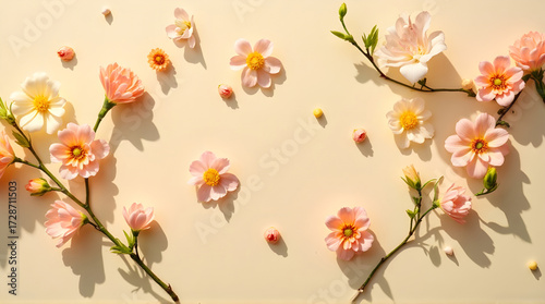 Arrangement of pink and white flowers on light background