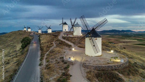 Aerial view of the windmills of Consuegra at twilight, Castilla-La Mancha, Spain.