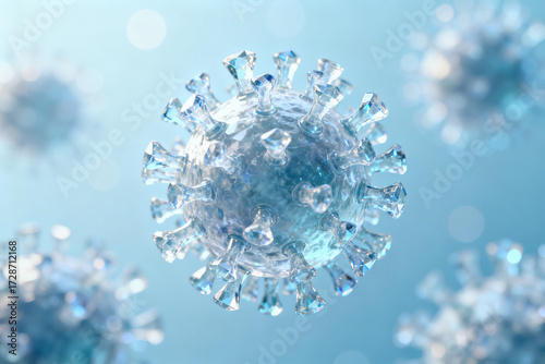 Microscopic view of a virus particle with spike proteins, depicted in a blue-toned scientific illustration.