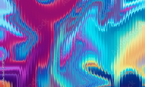 Vibrant glitch ripple background with magenta, blue, cyan, yellow, and purple gradients, smooth distortion and vertical ridges, abstract fluid motion, dynamic flow, seamless modern digital design