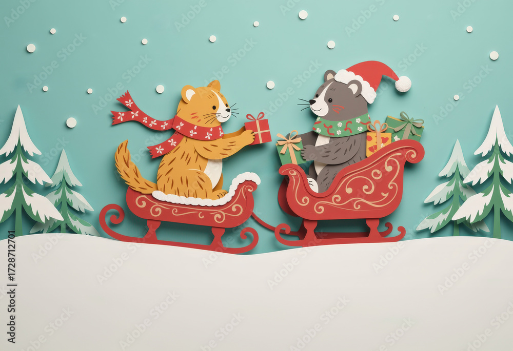 Naklejka premium Paper cut, animal paper art for festive Christmas decoration holiday. Two cartoon animals, a cat and a bear, exchange gifts while riding festive sleds in a snowy winter landscape.