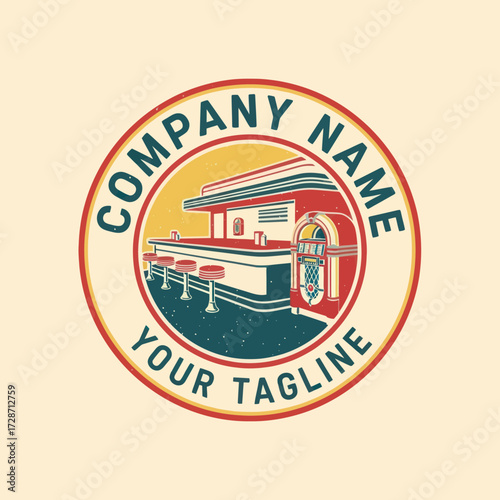 American Diner Logo Illustration with Retro Bar Counter and Stools, Classic Restaurant Emblem Design on Cream Background, Flat Vector Elements, Vector Illustration, Simple Vector, Stylized Vector