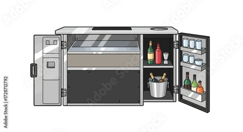 Well-stocked cabinet with spirits and glasses for home bar or entertainment