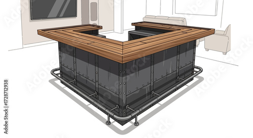 Architectural depiction of a stylish riveted bar with wooden countertop