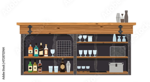 Bar cabinet with alcohol bottles and glassware, rustic design setting