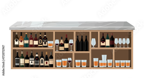 Bar cabinet with liquor bottles and glasses vector illustration style