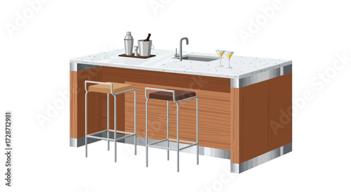 Bar Counter with Stools, Cocktails and Bar Utensils Illustration