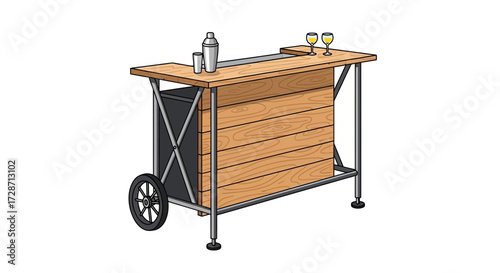 Charming mobile bar cart illustration with rustic wood and sleek metal details