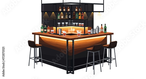 Chic bar interior with cocktails, bottles, and stools for nightlife scene