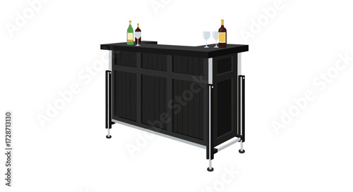 Chic black mobile bar counter with wine bottles and glasses illustration