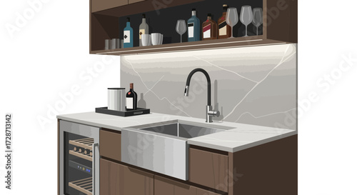 Chic Home Bar and Sink Area with Liquor Cabinet and Wine Cooler Setup