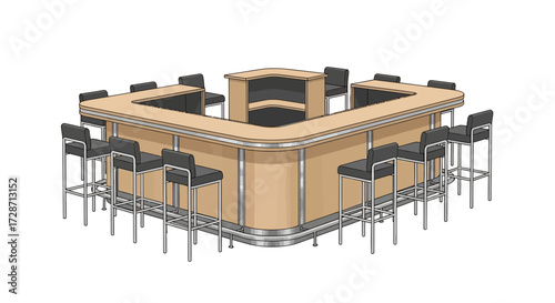 Circular Bar Counter with Seating, Modern Interior Design Illustration