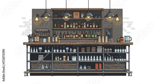 Classic bar interior with liquor bottles, glassware, and vintage lighting