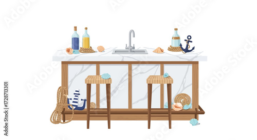 Coastal themed interior bar scene with maritime elements illustration