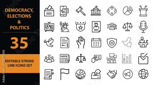 Democracy elections and politics editable stroke line icons set voting government justice campaign