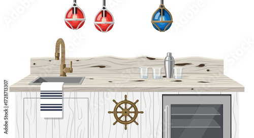 Coastal-themed Wet Bar with Nautical Accents for Drink Preparation