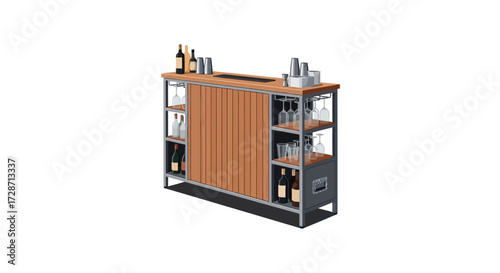Contemporary bar cabinet setup with bottles and glassware arrangement