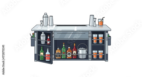 Complete Bar Setup with Beverages and Accessories for Cocktail Preparation