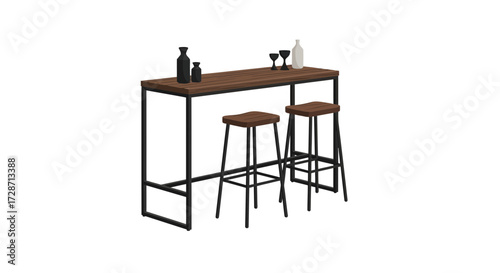 Contemporary Bar Setup with Wooden Tabletop and Sleek Black Metal Frame