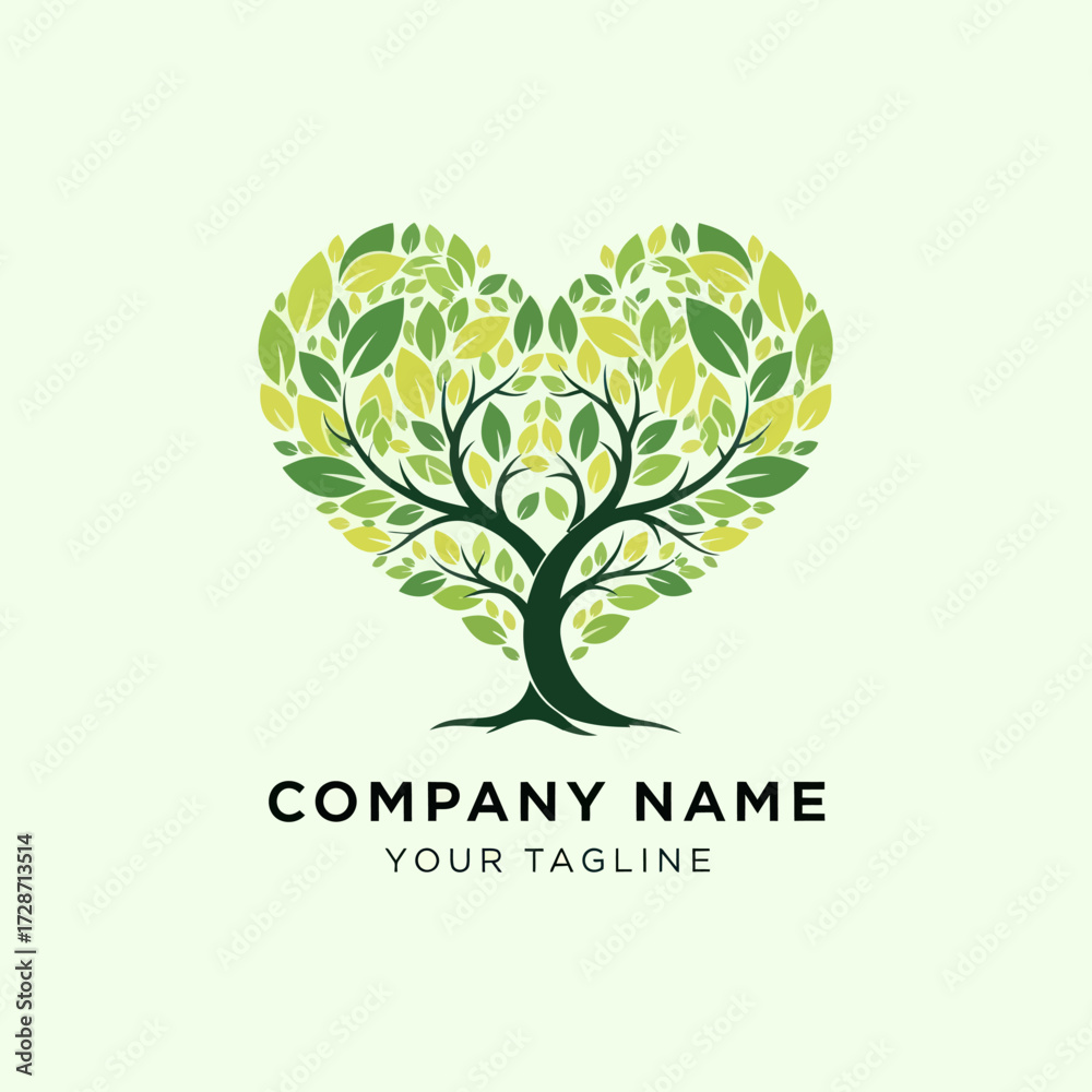 Obraz premium Green Heart Tree Logo with Leafy Foliage and Customizable Text for Branding on a Light Green Background, Representing Nature, Growth, Sustainability, and Eco-Conscious Values, Flat Vector Elements,