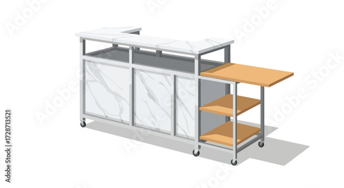 Contemporary Kitchen Island with Marble Countertop and Wooden Shelves