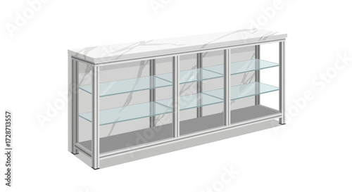 Contemporary showcase featuring clear glass shelving and marble top