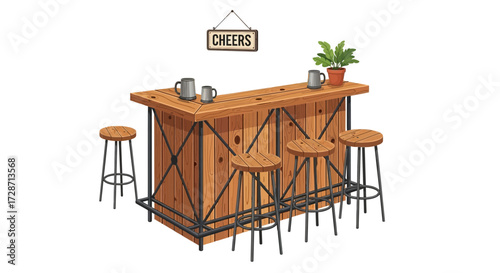 Cozy indoor bar setup with wooden counter and stools illustration