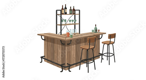 Cozy wooden bar with stools, bottles, and glassware in a relaxed setup