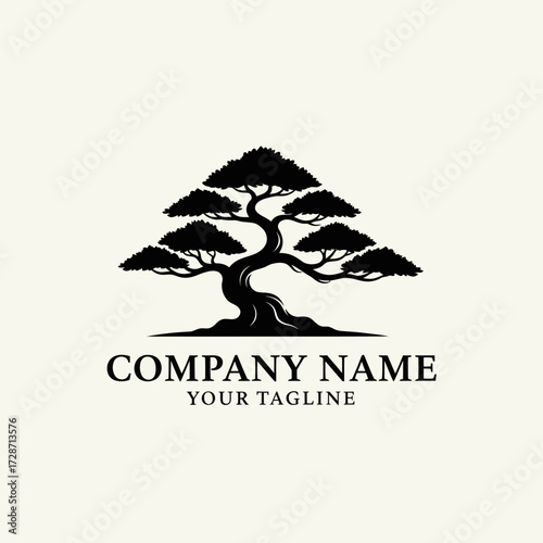 Elegant black bonsai tree silhouette logo featuring 'COMPANY NAME' and 'YOUR TAGLINE' text, on a clean light cream background, suitable for sophisticated branding., Flat Vector Elements, Vector