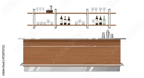 Detailed Illustration of a Well-Stocked Bar Setup with Wooden Counter