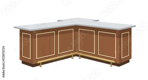 Detailed illustration of a wooden bar counter with footrest and marble top