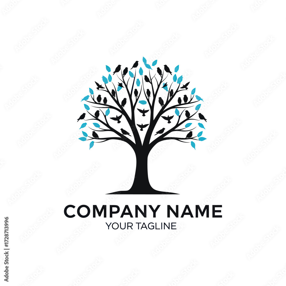 Obraz premium Stylized Black Tree Silhouette Logo with Perched Birds and Turquoise Blue Leaves on a White Background, featuring Company Name and Tagline Placeholder, Flat Vector Elements, Vector Illustration,