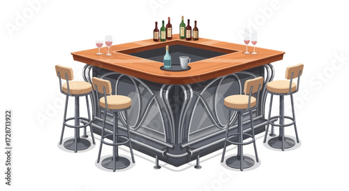 Elegant bar scene with wine, glasses and stools for social gathering