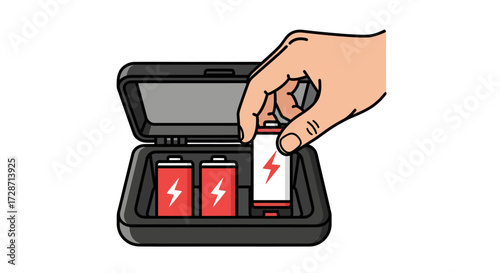 A hand places a rechargeable battery into a charging case alongside two other batteries.