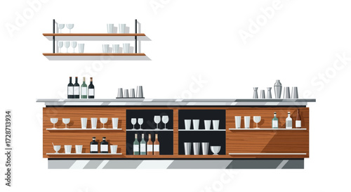 Elegant bar setting with bottles, glasses, and shaker on shelves vector