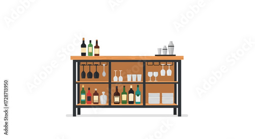 Elegant bar setup with wine bottles and glassware, cozy atmosphere style