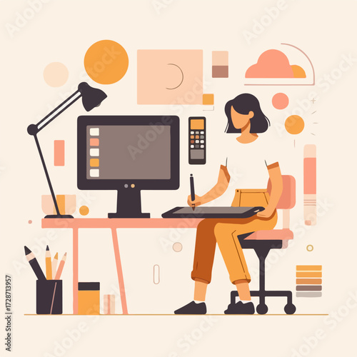 Home Office Designer at Desktop — Remote Work Workspace Flat Illustration (Vector)