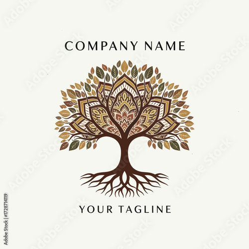 Stylized Tree of Life Logo with Mandala Pattern, Intricate Roots and Earthy Leaves, Symbolic of Nature, Growth, and Spirituality on a White Background, Flat Vector Elements, Vector Illustration,