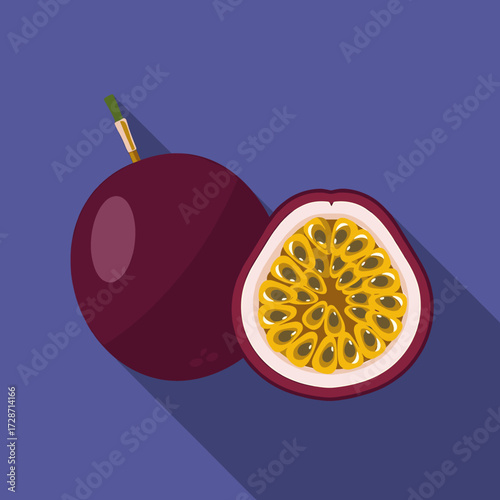 A vibrant illustration of a whole passion fruit and a half, showing the seeds.